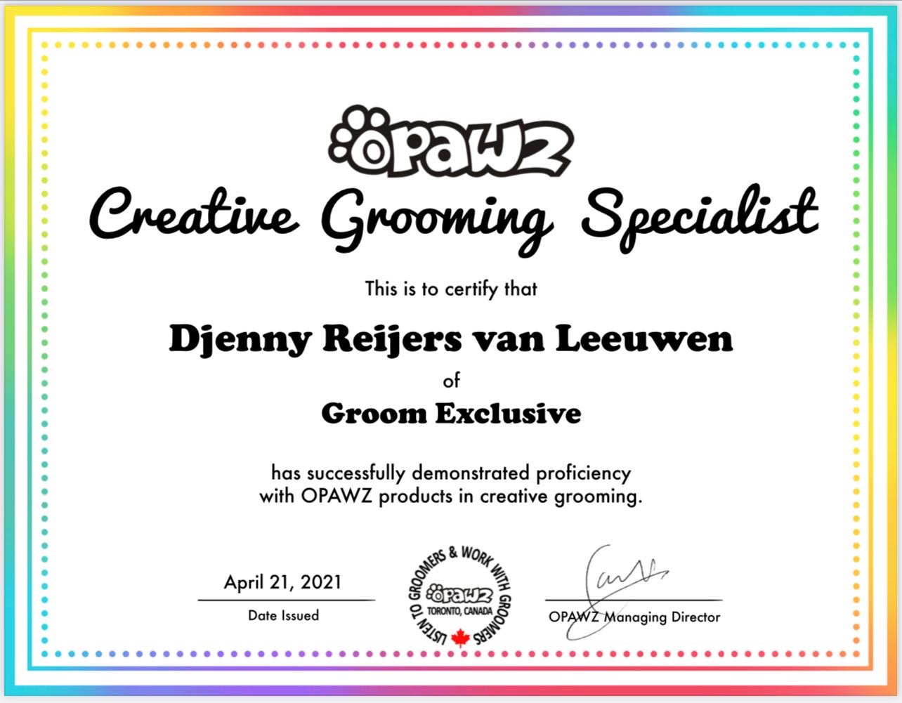 OPAWZ Creative Grooming Specialist-certificaat van Djenny Reijers van Leeuwen, april 2021
